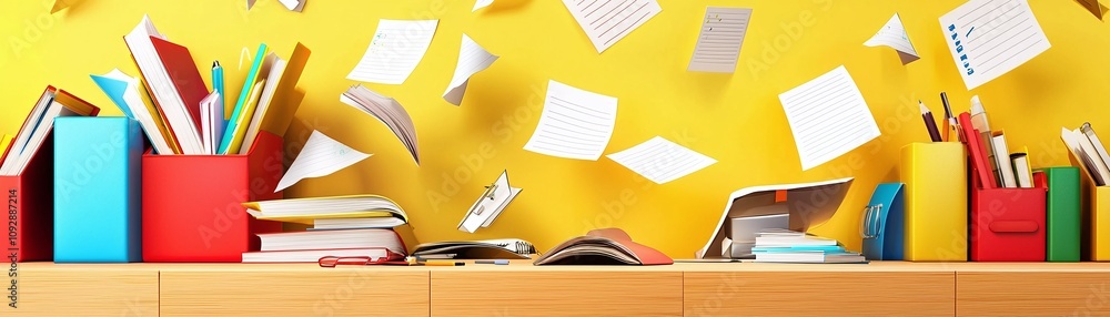 Colorful School Supplies and Books on Desk with Papers Flying Colorful School Supplies and Books on Desk with Papers Flying