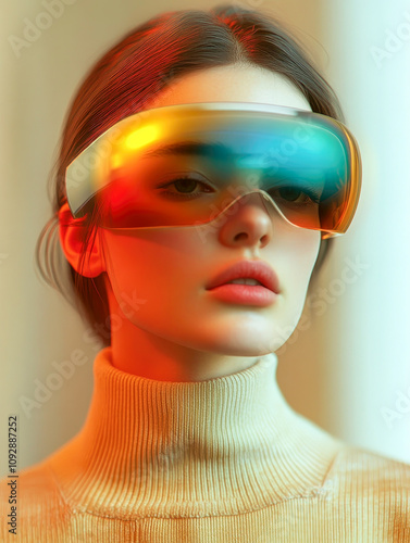 A young woman wears a colorful visor and a high-neck sweater, set against warm tones, evoking futuristic elegance. photo