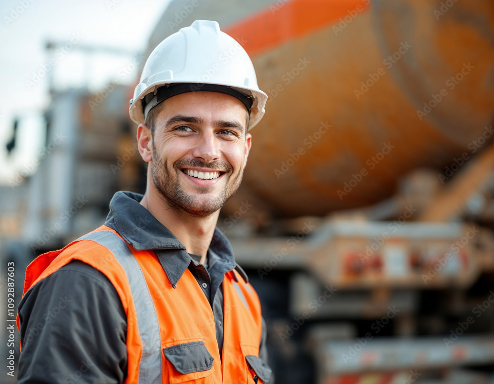 Fototapeta premium Portrait happy worker of concrete factory, young man in uniform with hard hat on background cement mixer truck.