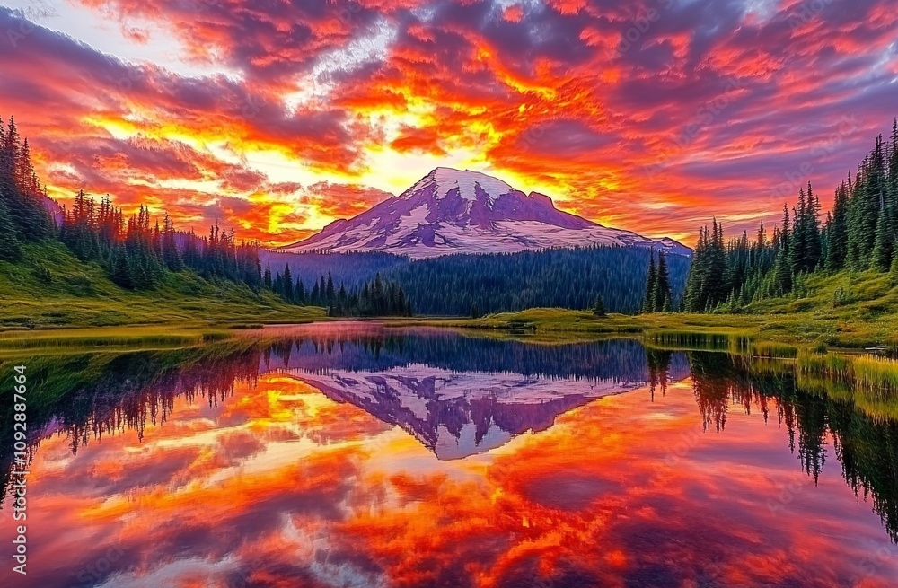 Sunset Over Mount Rainier with Reflection in Alpine Lake. AI generated illustration Sunset Over Mount Rainier with Reflection in Alpine Lake. AI generated illustration