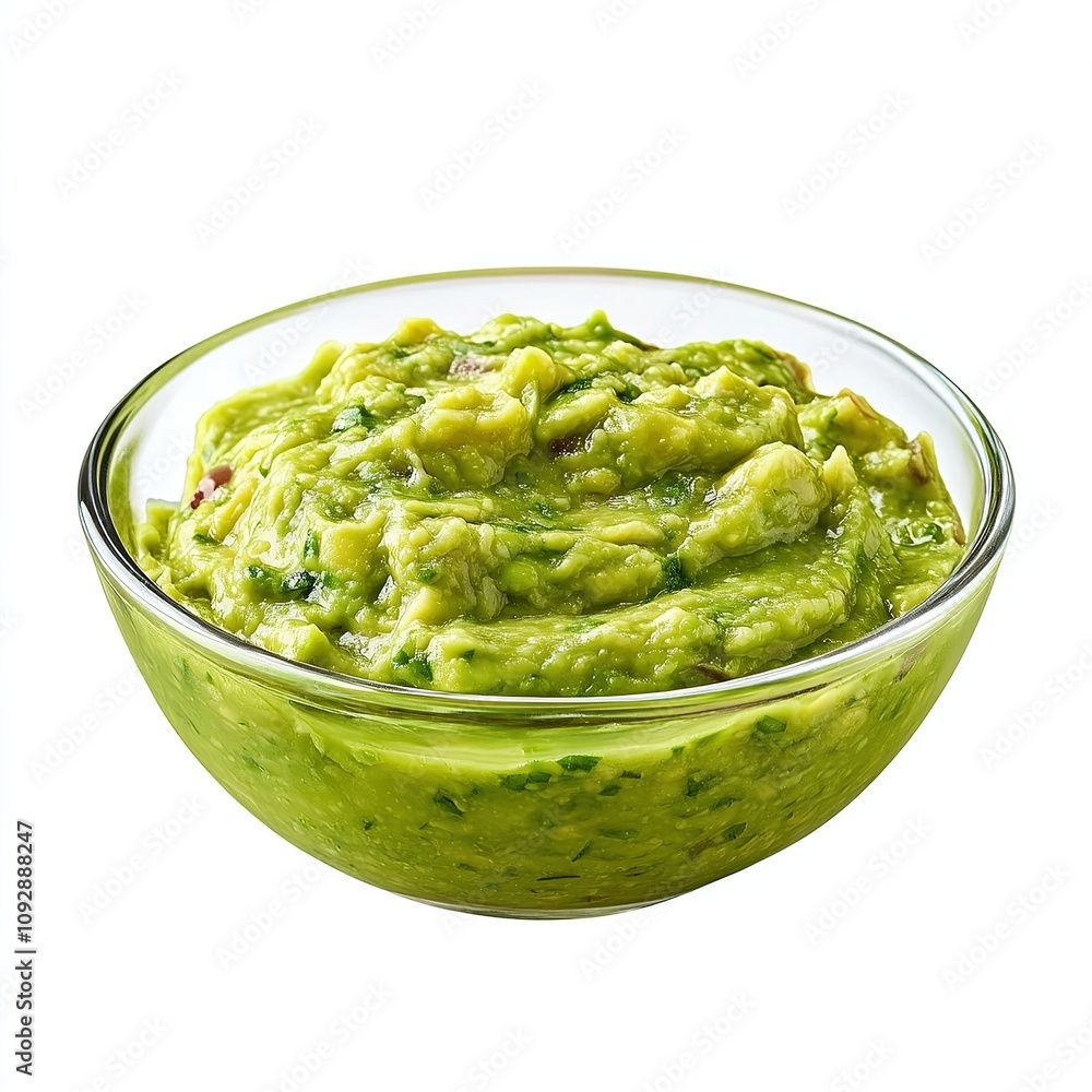Fresh guacamole in a glass bowl on white background. Fresh guacamole in a glass bowl on white background.