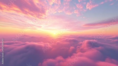 Pink sunset above fluffy cloudscape.