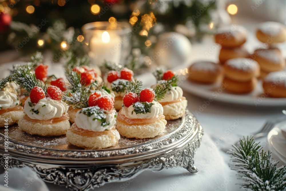 holiday entertaining ideas, elegant christmas canapes on a silver tray, set on a snowy white table with warm lighting in a festive dining room perfect for festive gatherings holiday entertaining ideas, elegant christmas canapes on a silver tray, set on a snowy white table with warm lighting in a festive dining room perfect for festive gatherings