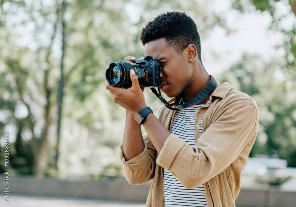 Concentrated young photographer taking pictures in a park, using a professional camera Concentrated young photographer taking pictures in a park, using a professional camera