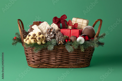 Festive wicker basket overflowing with Christmas gifts, cookies, candies, ornaments, and evergreen branches on a green background