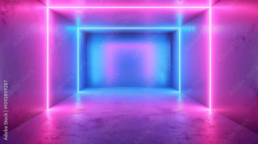A futuristic room with glowing neon lights in pink and blue hues, creating a vibrant and modern atmosphere. A futuristic room with glowing neon lights in pink and blue hues, creating a vibrant and modern atmosphere.