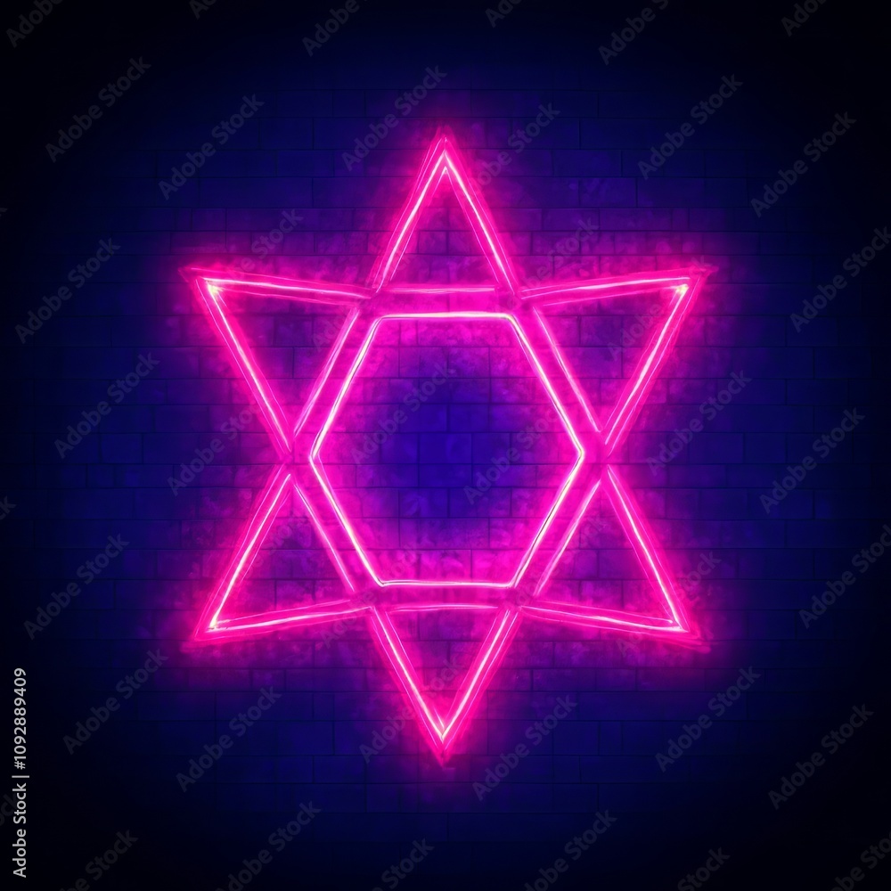 Glowing pink neon Star of David on a brick wall. Glowing pink neon Star of David on a brick wall.