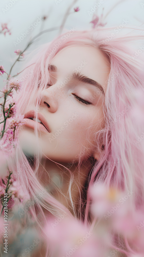 Portrait of an model with pink hair, she is surrounded by delicate flowers in the fog-laden countryside at dawn. The style should be ethereal and dreamy, with soft lighting creating gentle shadows. Portrait of an model with pink hair, she is surrounded by delicate flowers in the fog-laden countryside at dawn. The style should be ethereal and dreamy, with soft lighting creating gentle shadows.
