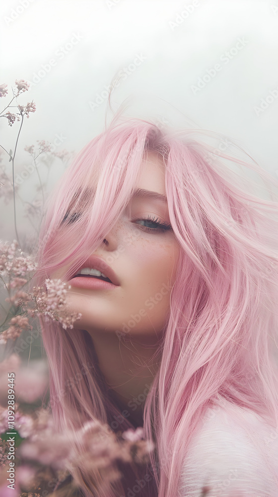 Portrait of an model with pink hair, she is surrounded by delicate flowers in the fog-laden countryside at dawn. The style should be ethereal and dreamy, with soft lighting creating gentle shadows. Portrait of an model with pink hair, she is surrounded by delicate flowers in the fog-laden countryside at dawn. The style should be ethereal and dreamy, with soft lighting creating gentle shadows.