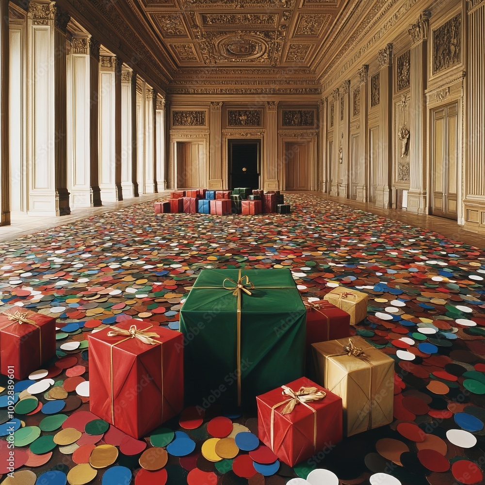 Naklejka premium Grand hall floor covered with colorful confetti and wrapped gifts.