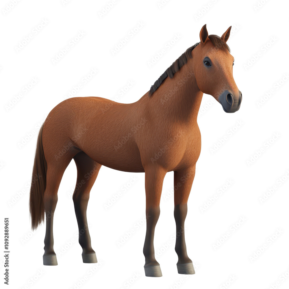 Obraz premium A digitally rendered image shows a chestnut horse standing against a plain black background.