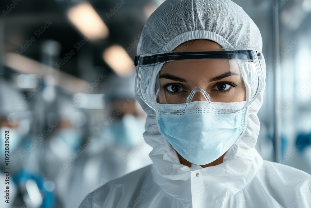 A focused scientist wearing full protective gear, including goggles and a face mask, works diligently in a sterile, high-tech laboratory environment. A focused scientist wearing full protective gear, including goggles and a face mask, works diligently in a sterile, high-tech laboratory environment.