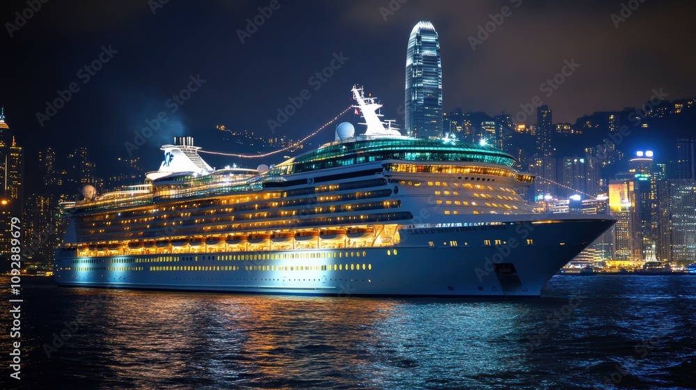 Fototapeta premium Cruise ship illuminated at night hong kong high-fidelity photography urban aerial view gigapixel concept