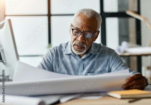 Focused senior architect meticulously reviewing blueprints in a contemporary office, demonstrating expertise and precision in architectural design