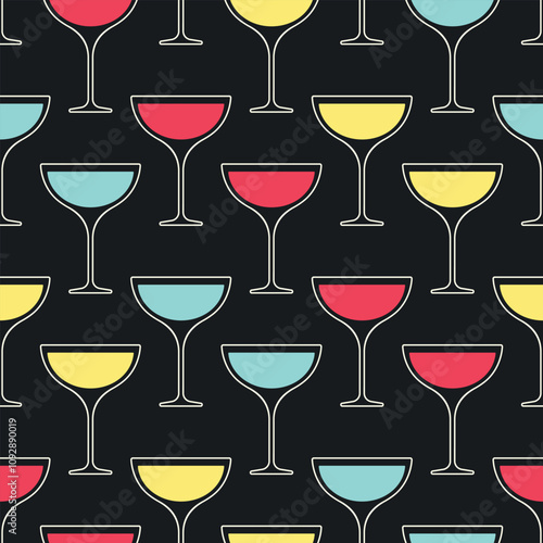 Alcohol cocktails vector seamless pattern. Multicolor glasses with white outline on black background.