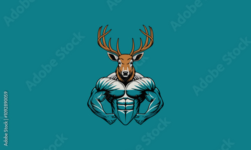 Muscular deer with antlers and human body cartoon vector.
