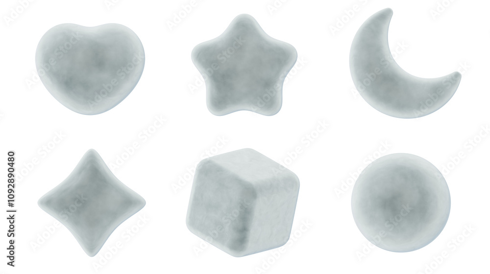 3d icon collection set, heart, star, moon, twinkle, cube and circle, gray velvet velour material, png isolated background 3d icon collection set, heart, star, moon, twinkle, cube and circle, gray velvet velour material, png isolated background