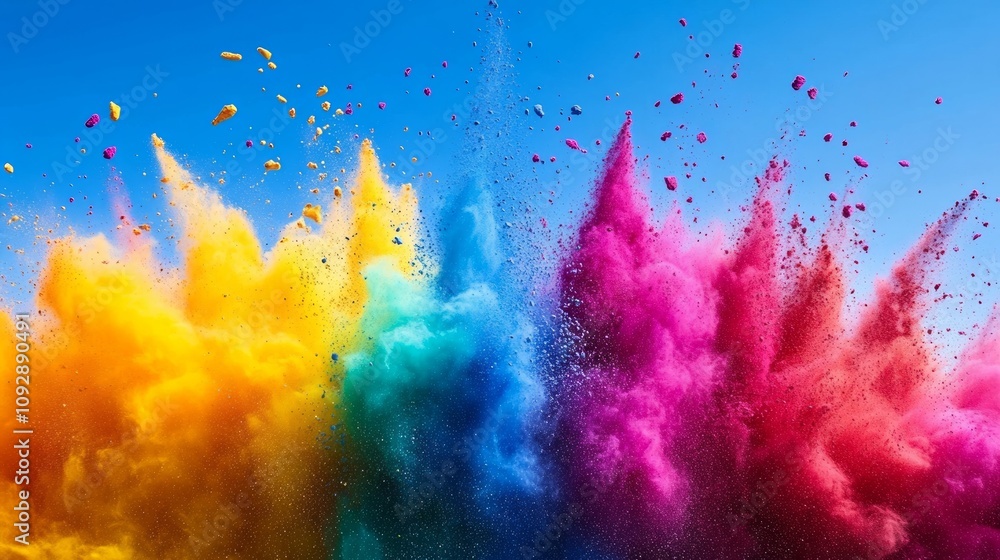 Vibrant powders explode in mid-air, creating a colorful display during Holi celebrations in a festive environment under a bright blue sky Vibrant powders explode in mid-air, creating a colorful display during Holi celebrations in a festive environment under a bright blue sky