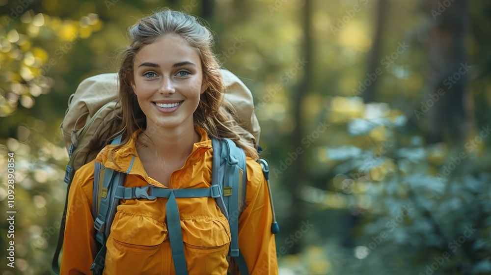 A smiling woman in hiking gear stands on a forest trail, radiating joy and adventure amidst lush greenery. A smiling woman in hiking gear stands on a forest trail, radiating joy and adventure amidst lush greenery.