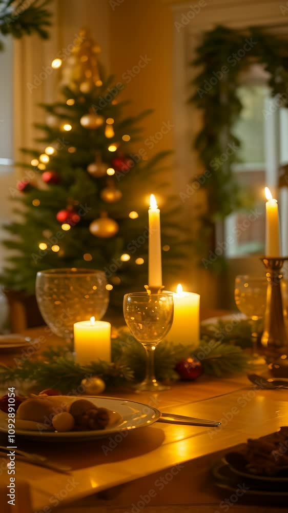 Cozy Christmas Dinner Table with Candles, Decorations, and Festive Tree - Seamless Loop Video
