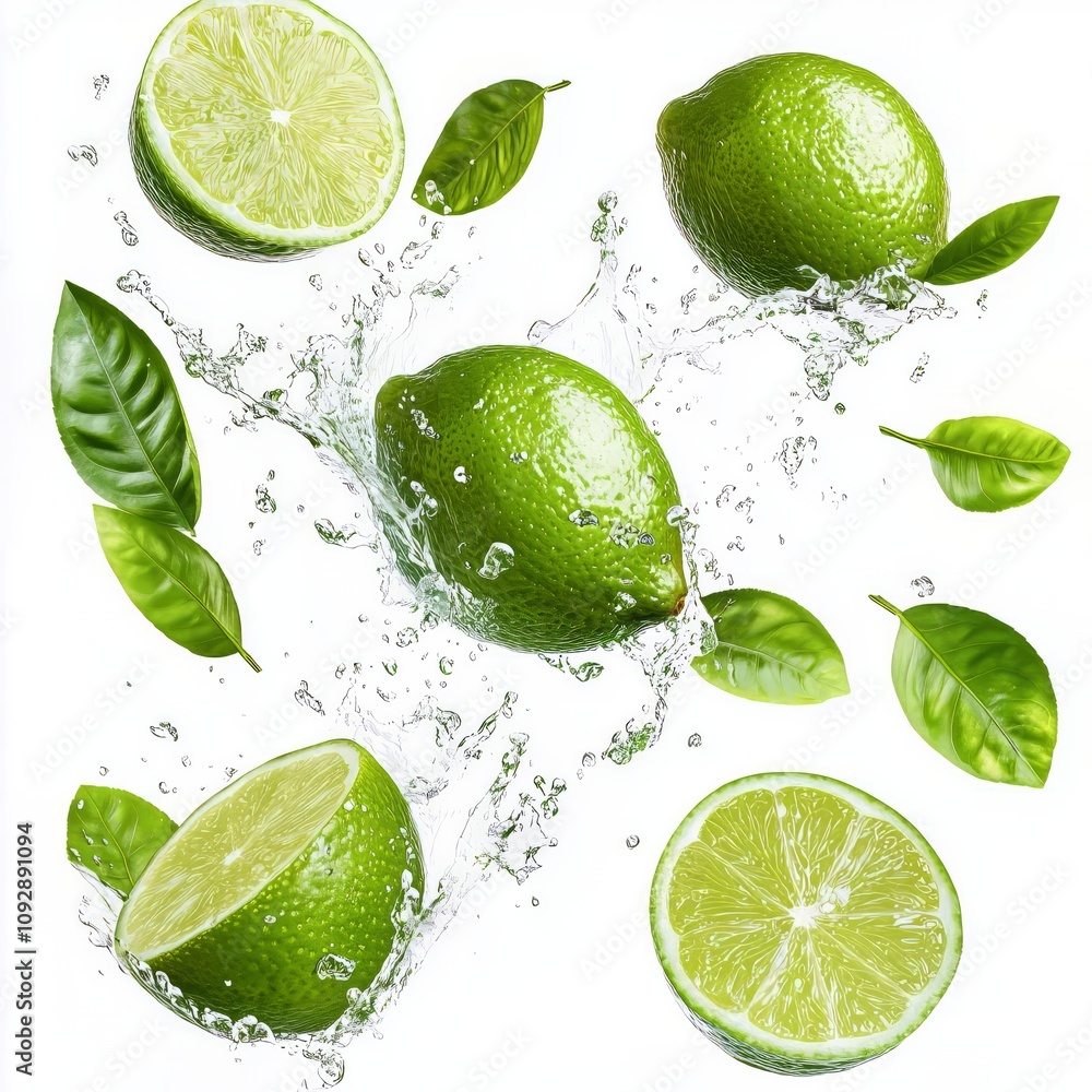 Set of fresh delicious limes splashing with leaves, cut out. - Generative AI Set of fresh delicious limes splashing with leaves, cut out. - Generative AI