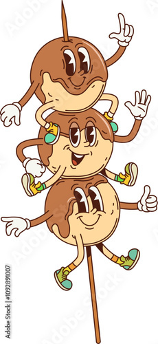 Cartoon retro groovy Japanese dango dessert characters on a stick. Isolated vector Japan pastry and kawaii sweets. Fun and playful rice ball personages served on skewer and covered with a sweet syrup