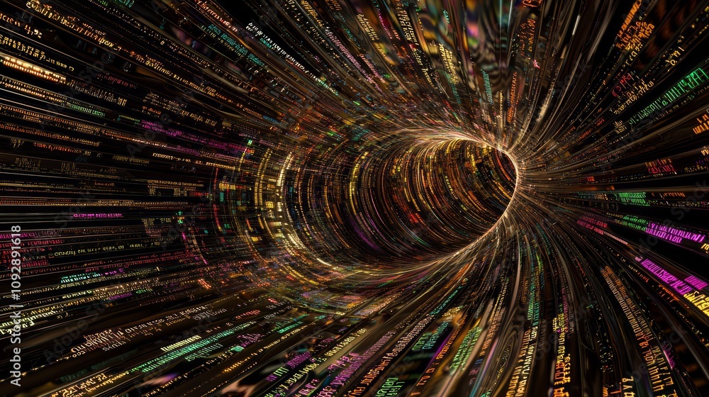 Obraz premium Data Processing in Large Language Model: Abstract 3D Render with Colorful Text and Symbols on Dark Background