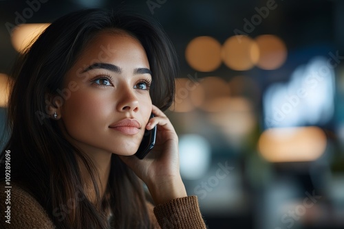 A young woman thoughtfully holds a smartphone to her ear amidst soft bokeh lights, capturing emotion and connection in an intimate setting.