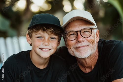 A joyful grandfather wearing glasses and a baseball cap is outdoors with his grandson, both smiling warmly at the camera, depicting a touching family bond. photo