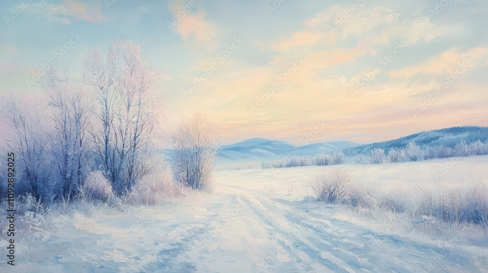 Winter landscape painting snowy hills art piece tranquil environment scenic view nature's beauty Winter landscape painting snowy hills art piece tranquil environment scenic view nature's beauty