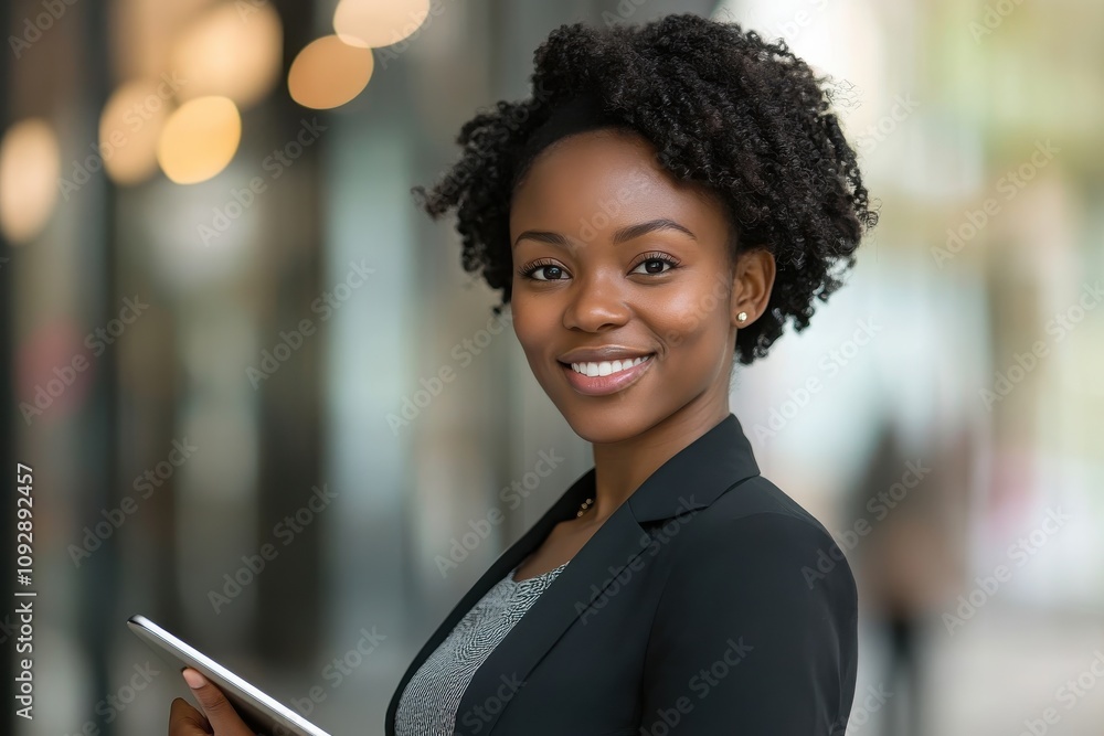 Obraz premium Confident businesswoman with a warm smile holding a tablet in a professional setting 
