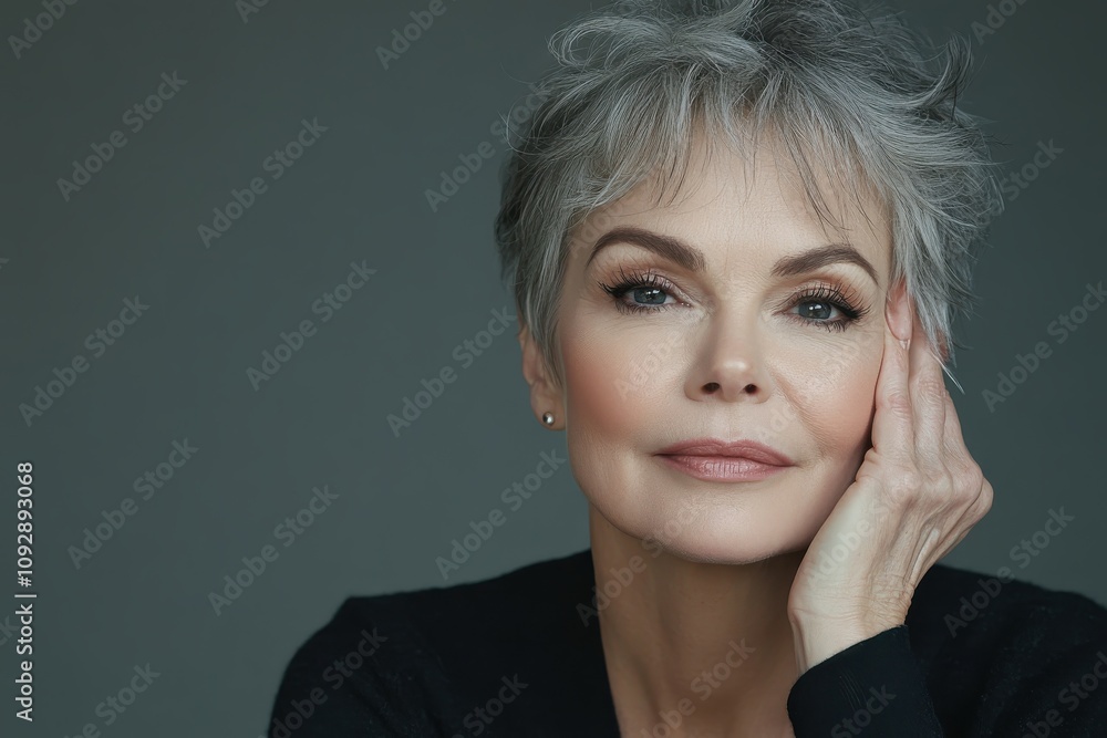 Elegant portrait of a mature woman with short gray hair and a serene expression Elegant portrait of a mature woman with short gray hair and a serene expression