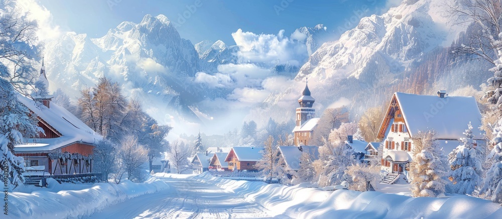 A breathtaking winter landscape with snow-covered mountains, evergreen trees covered in frost. A breathtaking winter landscape with snow-covered mountains, evergreen trees covered in frost.