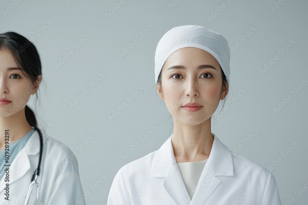 Two female doctors in white coats, one in focus, exuding confidence and tranquility, stand ready, embodying the calm strength and reassurance of professional healthcare. Two female doctors in white coats, one in focus, exuding confidence and tranquility, stand ready, embodying the calm strength and reassurance of professional healthcare.