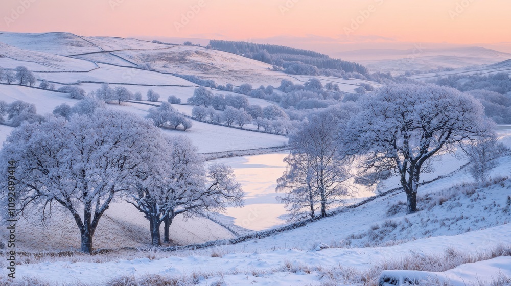 Winter landscape serenity rolling hills nature photography snow-covered trees peaceful view tranquility concept Winter landscape serenity rolling hills nature photography snow-covered trees peaceful view tranquility concept