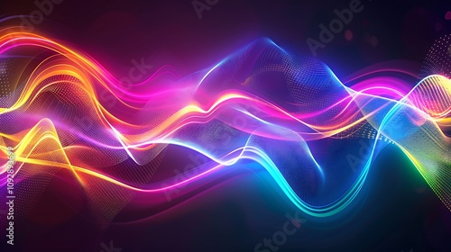 A vibrant, abstract representation of flowing waves of light in various colors, creating a dynamic visual effect.