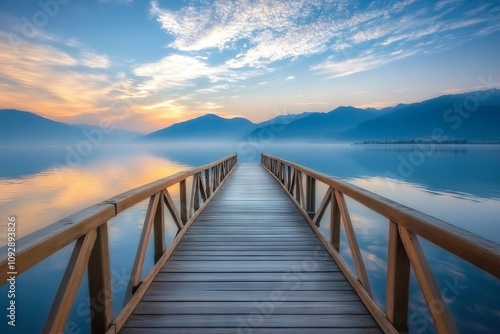 Wooden Bridge Over Calm Sea Water at Sunset, AI generated illustration