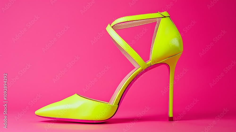 A stylish neon yellow high heel shoe against a vibrant pink background, showcasing modern fashion design.