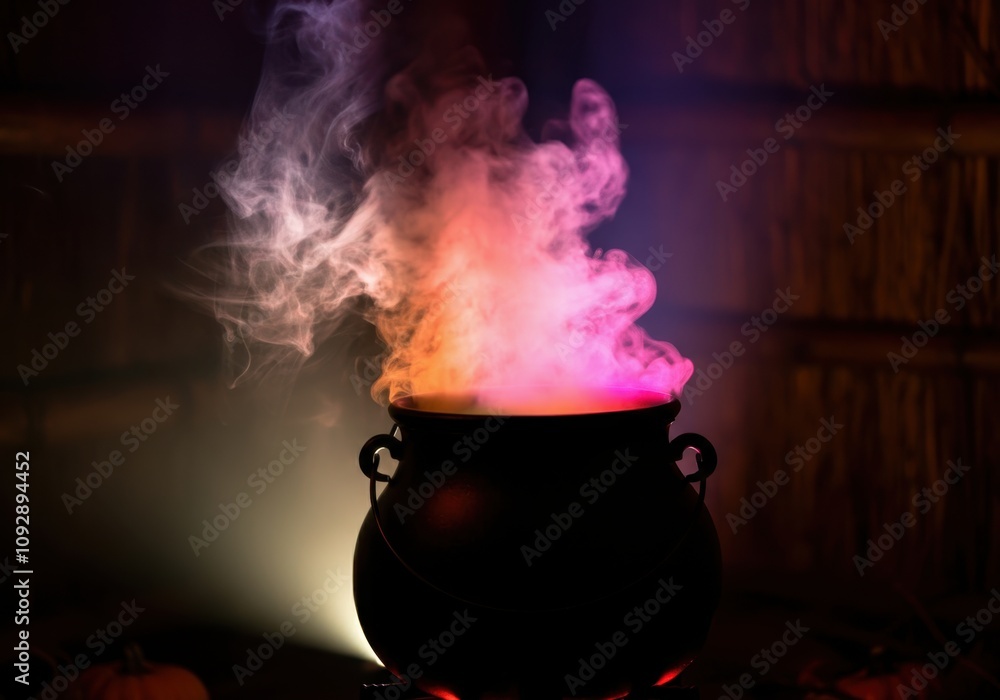 Cauldron emitting colorful smoke, creating a magical and mysterious atmosphere Cauldron emitting colorful smoke, creating a magical and mysterious atmosphere