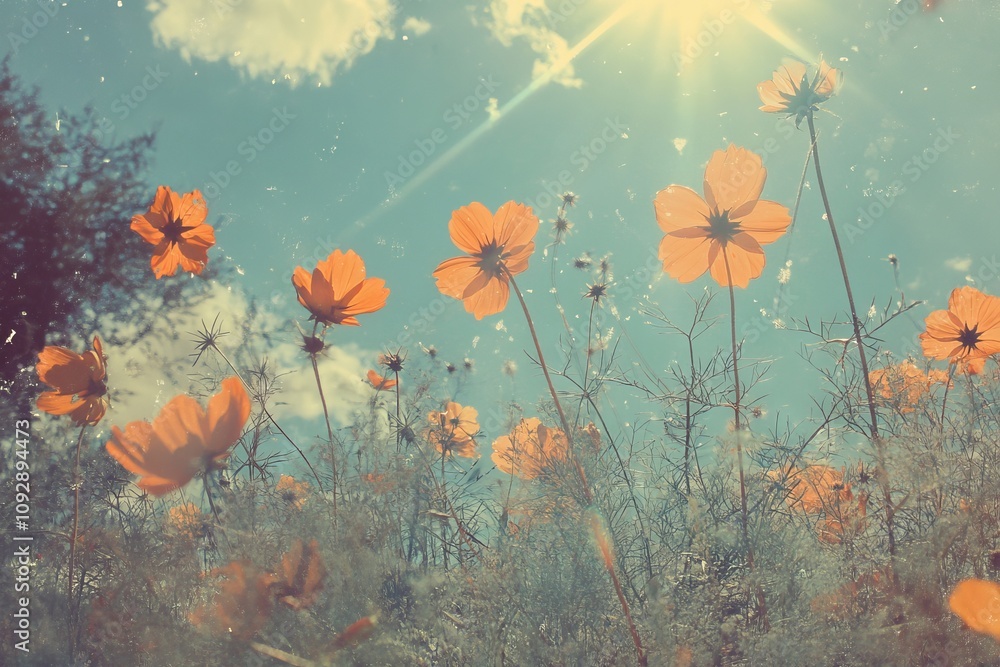 custom made wallpaper toronto digitalOrange Cosmos Flowers in a Summer Meadow with Sunlight and Retro Filter. AI generated illustration