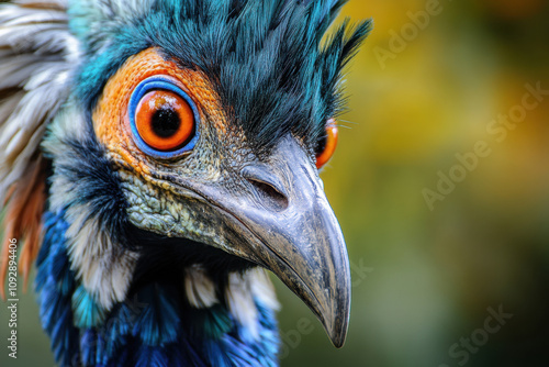 Close-up of a striking cassowary with vibrant blue feathers and bright orange eyes, showcasing its intense gaze and distinctive features against a blurred background. photo