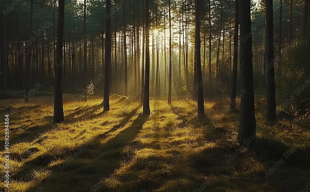 Obraz premium Dense Pine Forest at Sunrise with Sunlight Filtering Through Trees. AI generated illustration