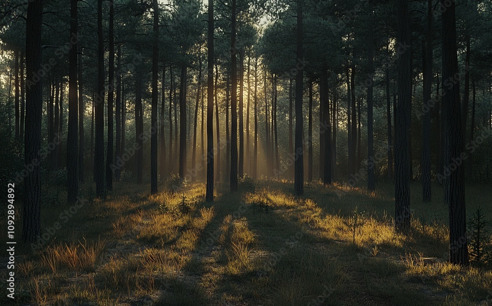 Fototapeta premium Dense Pine Forest at Sunrise with Sunlight Filtering Through Trees. AI generated illustration