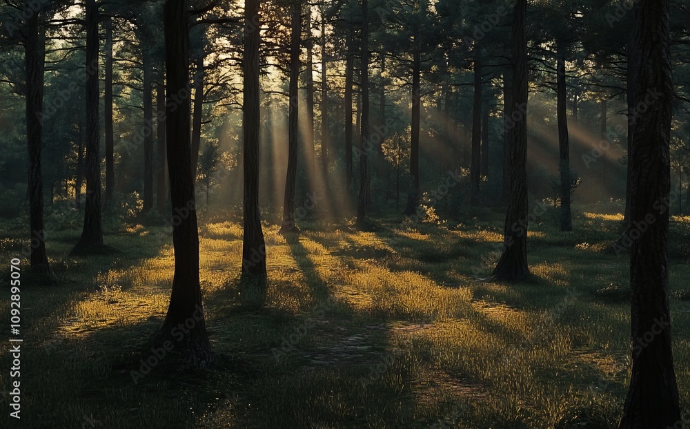 Fototapeta premium Dense Pine Forest at Sunrise with Sunlight Filtering Through Trees. AI generated illustration