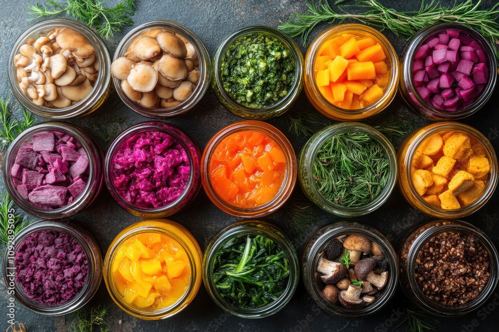 a set of jars with various pickled or preserved products laid out on a dark surface. Inside the jars are mushrooms, greens, cauliflower, beets, pumpkin, carrots, sweet peppers, a set of jars with various pickled or preserved products laid out on a dark surface. Inside the jars are mushrooms, greens, cauliflower, beets, pumpkin, carrots, sweet peppers,