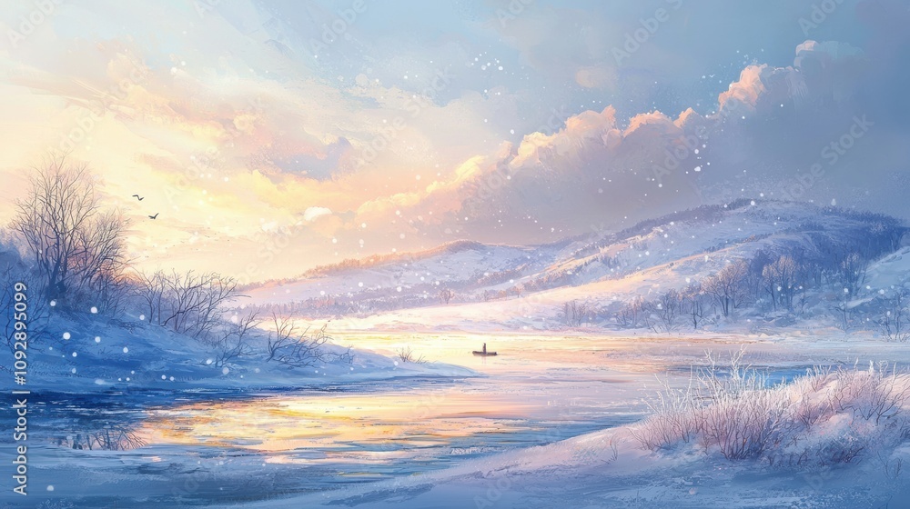 Tranquil winter scene serene river landscape digital art snowy mountains aesthetic viewpoint peaceful reflection Tranquil winter scene serene river landscape digital art snowy mountains aesthetic viewpoint peaceful reflection