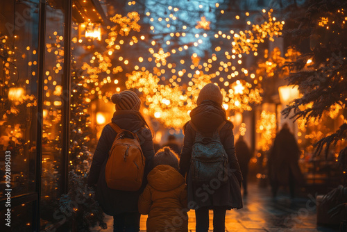 the atmosphere of a winter holiday on a city street decorated with bright garlands and lights. 