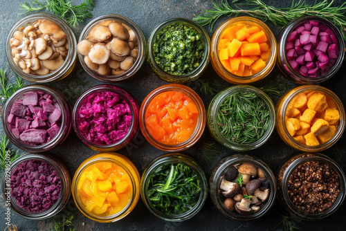 a set of jars with various pickled or preserved products laid out on a dark surface. Inside the jars are mushrooms, greens, cauliflower, beets, pumpkin, carrots, sweet peppers, 