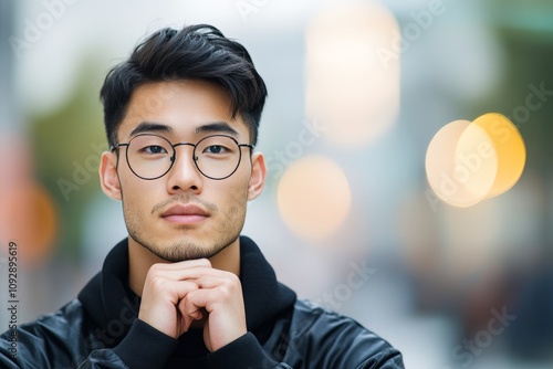 A thoughtful man wearing glasses poses against a blurred urban backdrop, radiating a sense of introspection and modern style in a soft focus portrait. photo