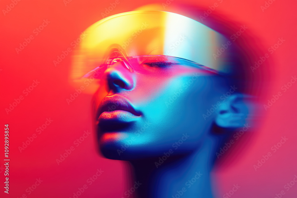 A person with an elegant sci-fi style, adorned with radiant neon colors and a sleek futuristic visor. A person with an elegant sci-fi style, adorned with radiant neon colors and a sleek futuristic visor.